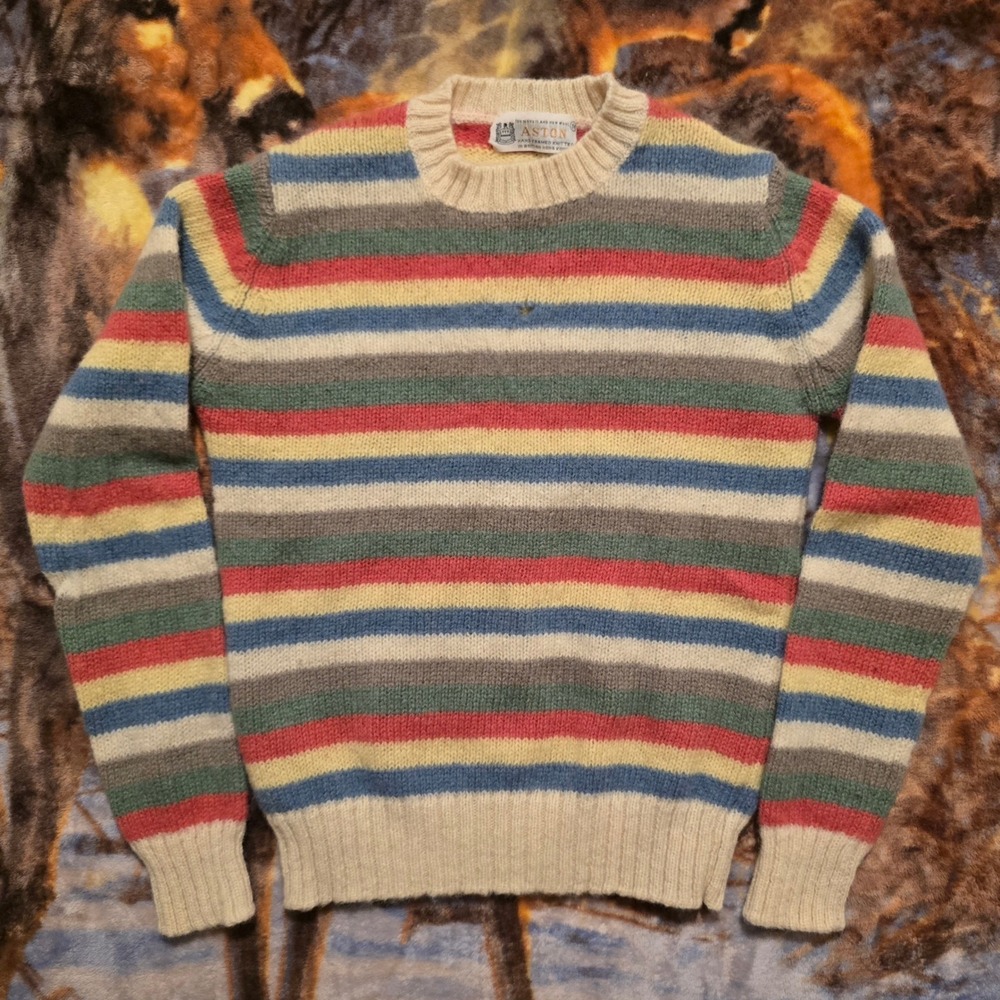 Vintage ASTON Shetland New Wool 70s Pastel Striped Britain Knit Sweater sz Small